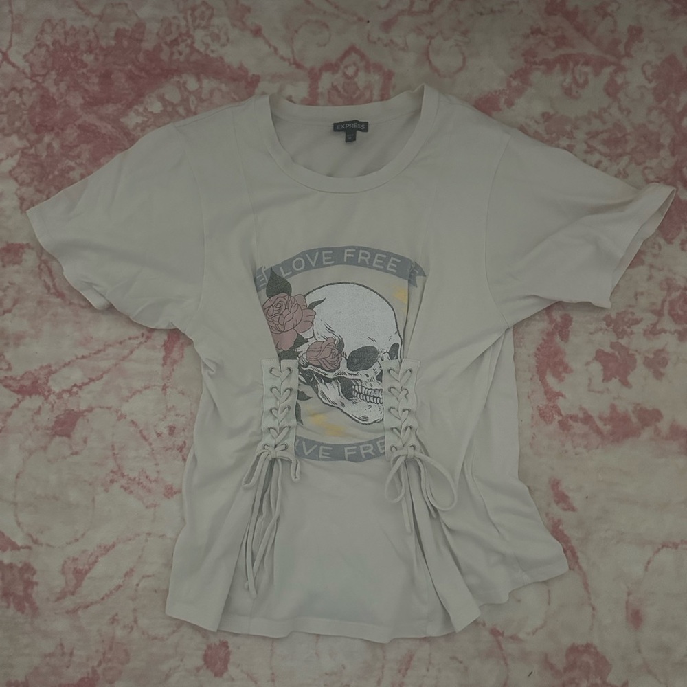 Express Skull Graphic Lace-Up Tee - White and Pink